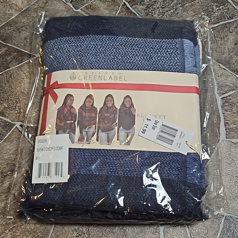 NWT Quagga Green Label Buffalo Navy Checked Blanket Wrap Scarf